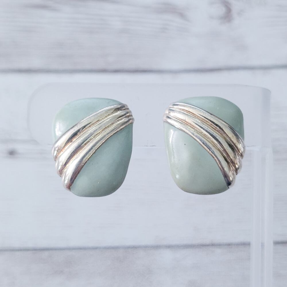 Vintage Clip On Earrings Pastel Green & Gold Tone Stylish Statement